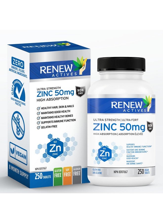 Renew Actives Zinc Supplements 50MG per Serving - Essential for Immune Health, Strong Bones & Promoting Healthy Hair, Nails & Glowing Skin for Daily Use - Made in Canada - 250 Tablets - Image 1