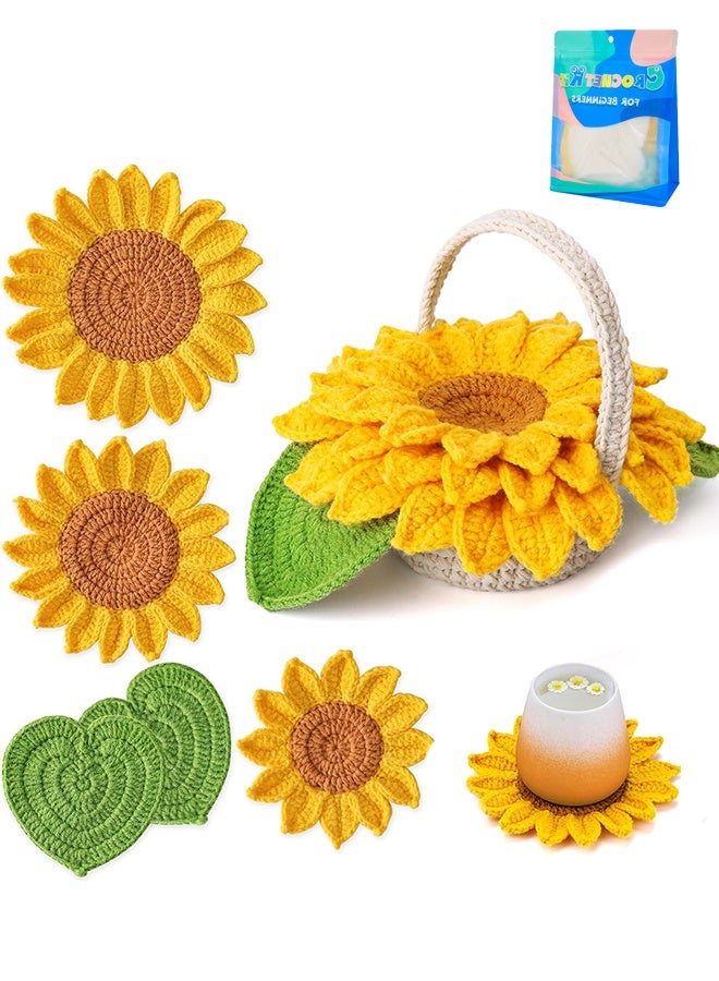 Lemon Crochet Kit for Beginners, 5 Pcs Coasters Plant Pot Crochet Start Kit for Adults, Complete Knitting Crochet Supplies with Step-by-Step Instruction, Crochet Hooks, Yarn for DIY Craft Supplies (Sunflower) - Image 1