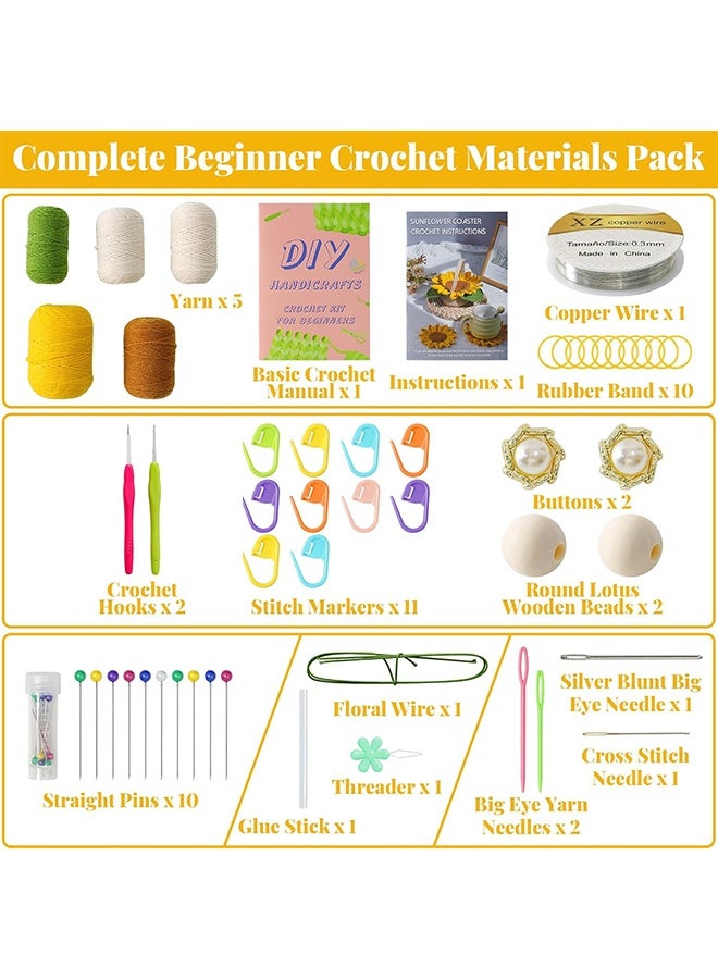Lemon Crochet Kit for Beginners, 5 Pcs Coasters Plant Pot Crochet Start Kit for Adults, Complete Knitting Crochet Supplies with Step-by-Step Instruction, Crochet Hooks, Yarn for DIY Craft Supplies (Sunflower) - Image 2