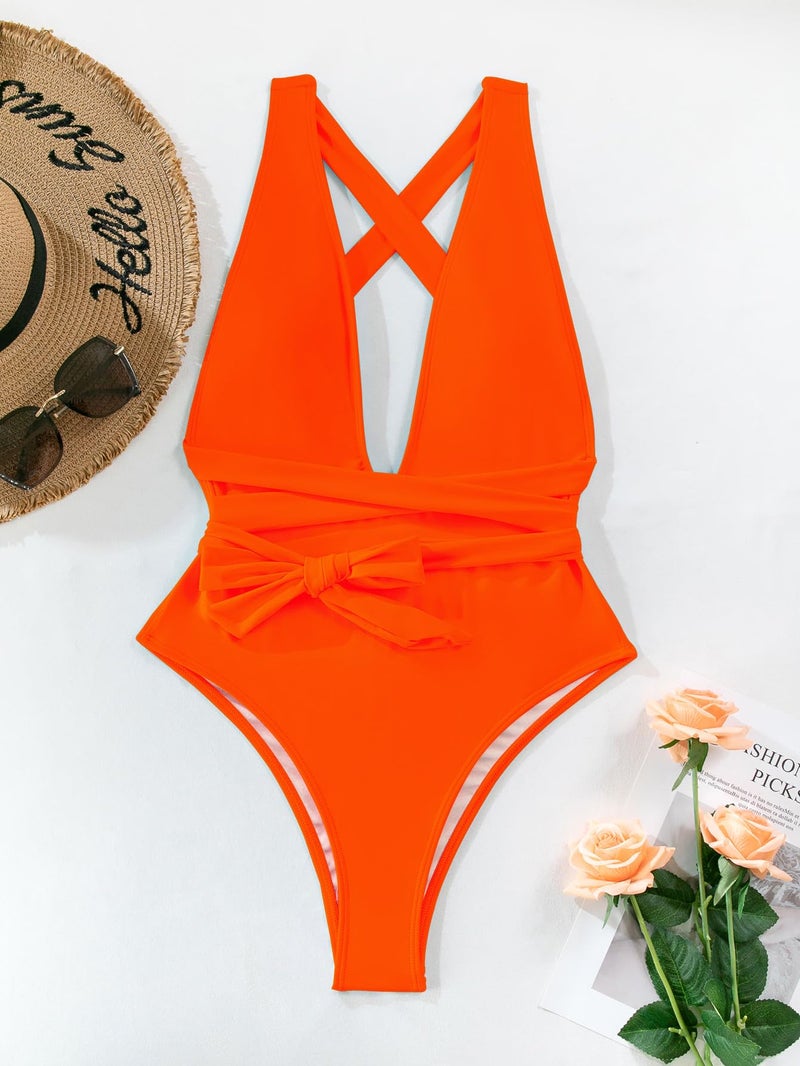 Lilosy Sexy Lace Up Plunge Neck Backless High Waisted Low Cut Leg Rise Thong Cheeky Brazilian 1 Piece Bikini Swimsuit Women Back Bathing Suit Tie Criss Cross Monokini Neon Orange Medium - Image 3
