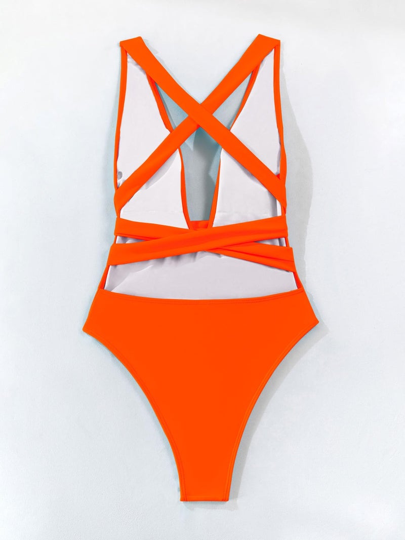 Lilosy Sexy Lace Up Plunge Neck Backless High Waisted Low Cut Leg Rise Thong Cheeky Brazilian 1 Piece Bikini Swimsuit Women Back Bathing Suit Tie Criss Cross Monokini Neon Orange Medium - Image 4