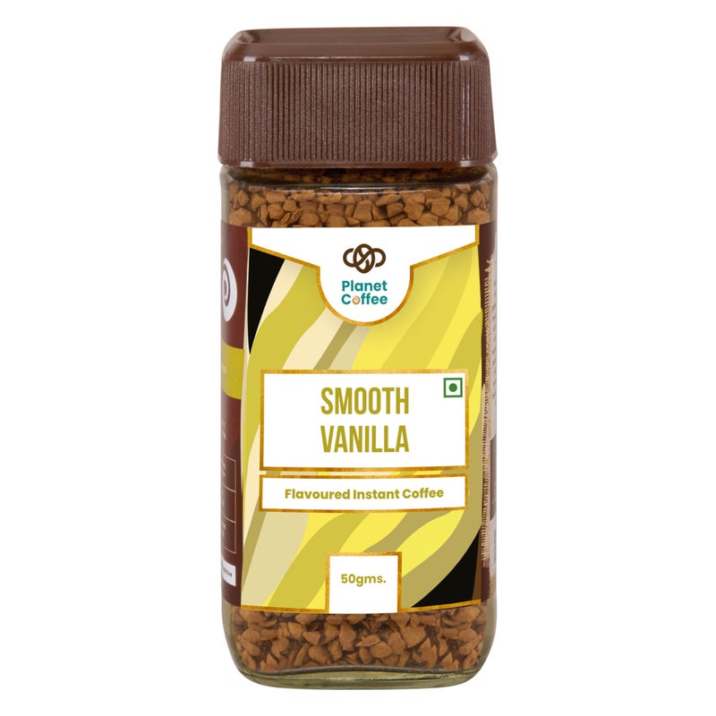 Planet Coffee قهوة كوكب القهوة بنكهة الفانيليا السلسة | 100% أرابيكا نقية | 50 جرام في جرة زجاجية | مجففة بالتجميد | بدون سكر مضاف | تحميص متوسط | تصنع 25 كوب - Image 1