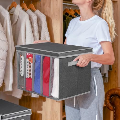 Zilink Upgraded Sweater Organizer for Shelf with Lids and Support Boards Clothes Organizer for Closet with 5 Grids Divider Sweater Storage Bins for Sweaters, Jeans, Pants, Black Pattern, 3 Pack - Image 4
