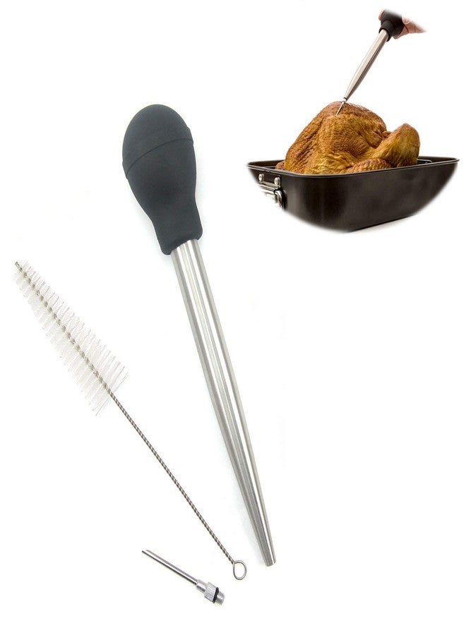 i Kito Stainless Steel Turkey Baster Syringe Rubber Bulb Manual Pump Injector with Needle and Cleaning Brush - Image 1