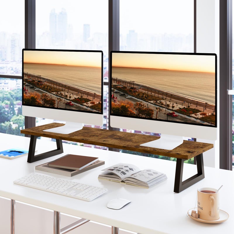 TEAMIX 31.5 inch Dual Monitor Riser for 2 Monitors, Long Monitor Stand Riser TV Stand Riser Monitor Stand for Desk Wood & Steel Desktop Riser Desk Organization Home Office - Image 3