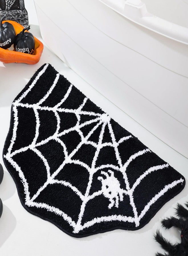 TRUEDAYS Halloween Decor Spider Web Bath Mat for Bathroom, Gothic Cute Halloween Decoration Black White Half Circle Bath Mat Non Slip Cartoon Bath Rug Bathroom Mat Plush Shower Rugs Washable - Image 1