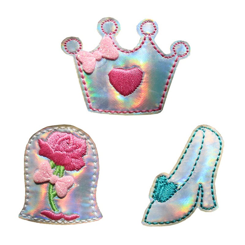 Princess Crown Rose High Heels Embroidered Iron On Patches 3 Pieces Set