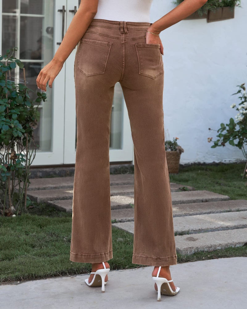 GRAPENT Womens Plus Size High Waisted Flare Ripped Jeans Stretch Jeans 70s Outfits Wide Leg Pants Color Pecan Brown Size 12-14 - Image 3