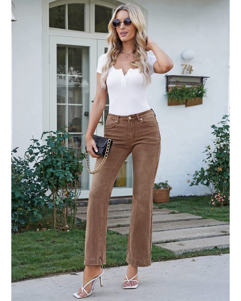 GRAPENT Womens Plus Size High Waisted Flare Ripped Jeans Stretch Jeans 70s Outfits Wide Leg Pants Color Pecan Brown Size 12-14 - Image 5