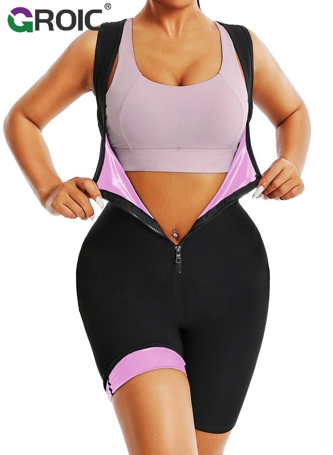 GROIC Woman Sweat Suit, Sauna Sweat Suits Shirt Waist Trainer for Woman, Compression Vest Workout Gym Clothes Sweat Enhancer Short Sleeve, Weight Loss Body Shaper for Workout Sports, M - Image 2