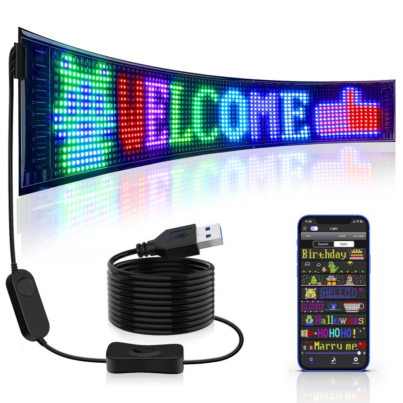 Rayhome لافتات إعلانات LED كبيرة ومضيئة من RAYHOME، مرنة، تعمل بجهد 5V USB، تحكم عبر تطبيق بلوتوث، نص مخصص، نمط الرسوم المتحركة، عرض قابل للبرمجة للمتجر، السيارة، البار، الفندق (27''x5'') - Image 1