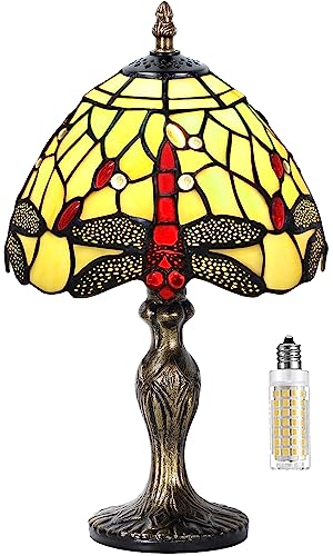 MIAOKE Stained Glass Table Lamp,Stained Glass Crystal Bead Style Table Light,Handmade Desk Bedside Night Light,Antique Art Craft Gifts Living Room Bedroom Bookcase(Pale White Dragonfly) - Image 1
