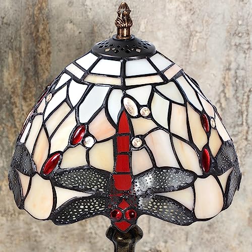 MIAOKE Stained Glass Table Lamp,Stained Glass Crystal Bead Style Table Light,Handmade Desk Bedside Night Light,Antique Art Craft Gifts Living Room Bedroom Bookcase(Pale White Dragonfly) - Image 3
