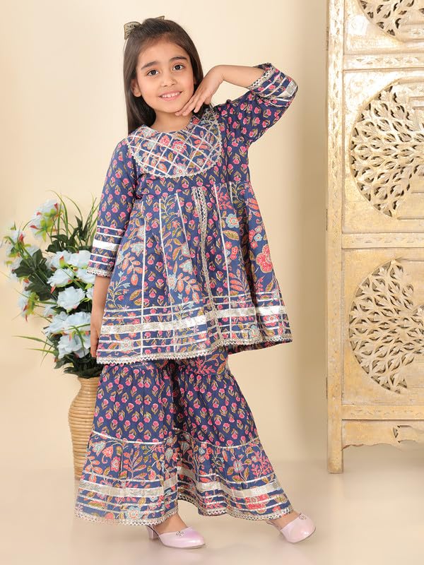 superminis Girls Cotton Floral Printed Gotta Work 3/4 Sleeves Flared Design Kurti & Sharara Set (18-24 Months, Navy Blue) - Image 2