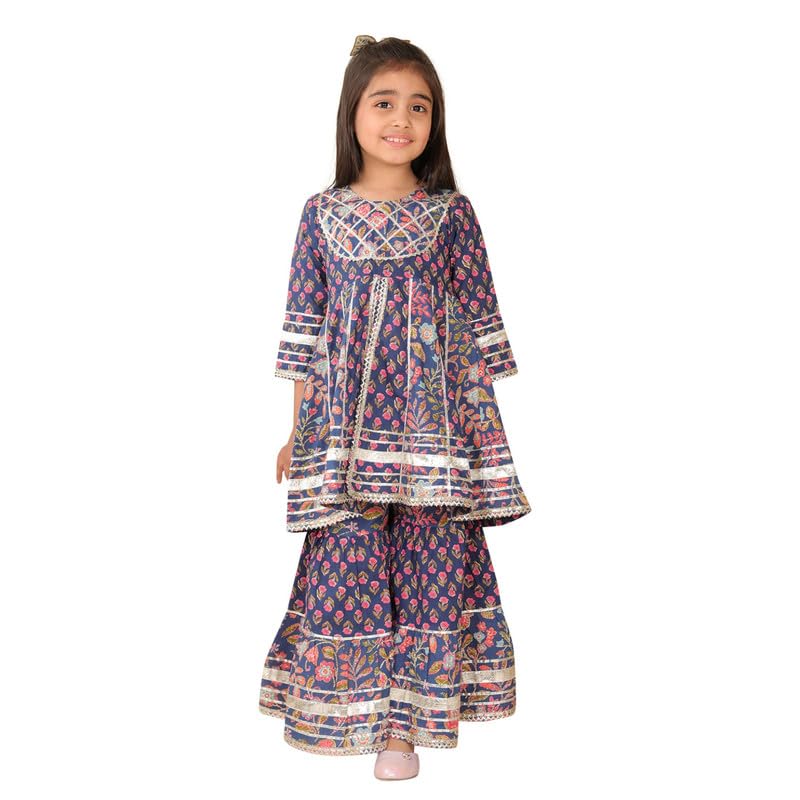 superminis Girls Cotton Floral Printed Gotta Work 3/4 Sleeves Flared Design Kurti & Sharara Set (18-24 Months, Navy Blue) - Image 1