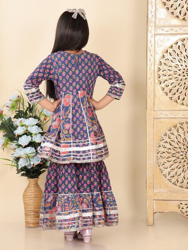 superminis Girls Cotton Floral Printed Gotta Work 3/4 Sleeves Flared Design Kurti & Sharara Set (18-24 Months, Navy Blue) - Image 3