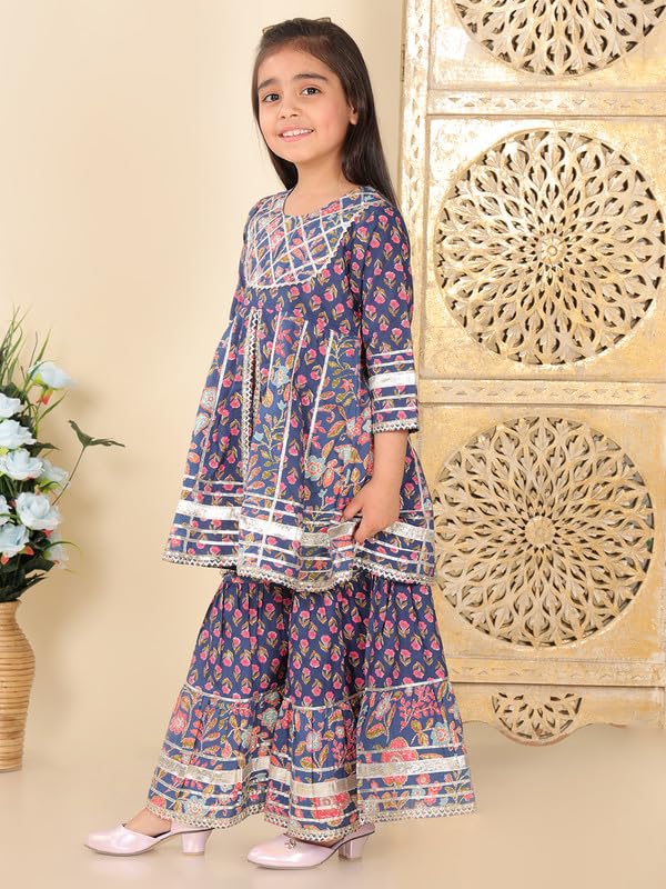 superminis Girls Cotton Floral Printed Gotta Work 3/4 Sleeves Flared Design Kurti & Sharara Set (18-24 Months, Navy Blue) - Image 4