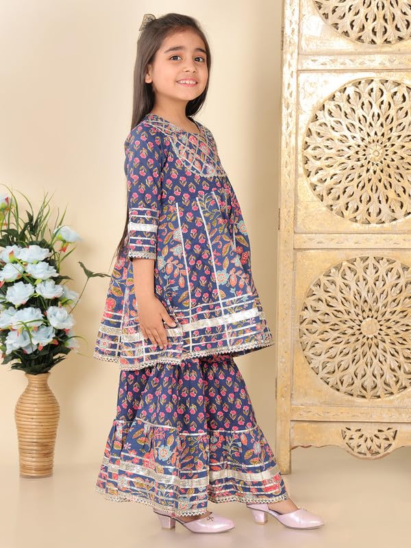superminis Girls Cotton Floral Printed Gotta Work 3/4 Sleeves Flared Design Kurti & Sharara Set (18-24 Months, Navy Blue) - Image 5