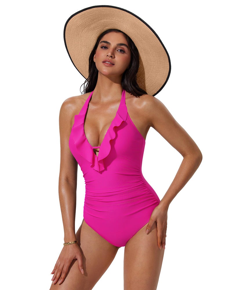 SUUKSESS Women Sexy Halter One Piece Swimsuits Ruffle V Neck Tummy Control Bathing Suits (Hot Pink, M) - Image 5