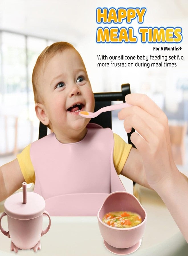 Deoxys Silicone Baby Feeding Set, Baby Led Weaning Supplies, Eating Essentials Utensils with Suction Plate and Bowl, Pocket Bib, Sippy Cup with Lid, Forks Spoons, for 6+ Months (Pink) - Image 3