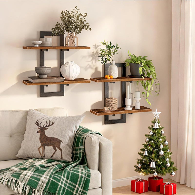 HOOBRO Floating Shelves, 15 Inch Wall Shelf Set of 2, Wall Mounted Storage Shelves 2-Tier, Hanging Bathroom Shelves, for Living Room, Bedroom, Bathroom, Kitchen, Rustic Brown and Black BF32BJ01G1 - Image 4