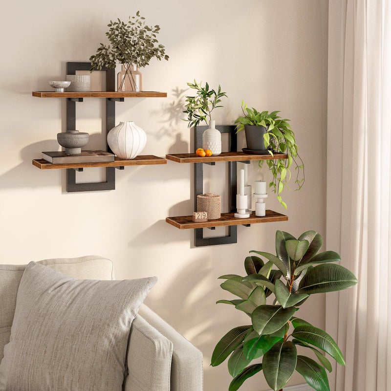 HOOBRO Floating Shelves, 15 Inch Wall Shelf Set of 2, Wall Mounted Storage Shelves 2-Tier, Hanging Bathroom Shelves, for Living Room, Bedroom, Bathroom, Kitchen, Rustic Brown and Black BF32BJ01G1 - Image 1