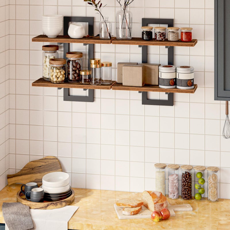 HOOBRO Floating Shelves, 15 Inch Wall Shelf Set of 2, Wall Mounted Storage Shelves 2-Tier, Hanging Bathroom Shelves, for Living Room, Bedroom, Bathroom, Kitchen, Rustic Brown and Black BF32BJ01G1 - Image 2