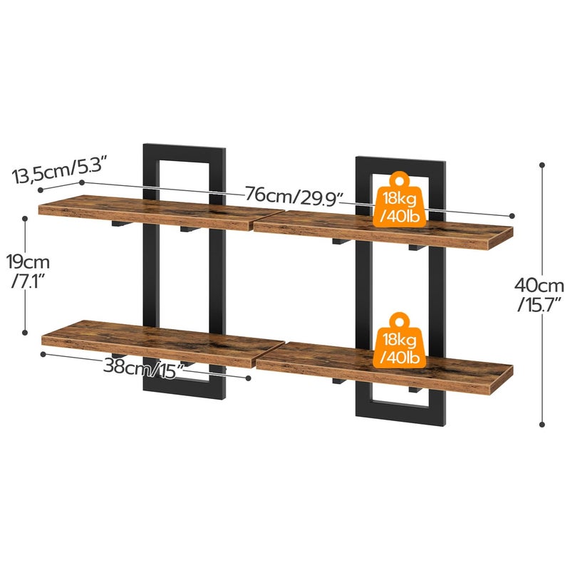 HOOBRO Floating Shelves, 15 Inch Wall Shelf Set of 2, Wall Mounted Storage Shelves 2-Tier, Hanging Bathroom Shelves, for Living Room, Bedroom, Bathroom, Kitchen, Rustic Brown and Black BF32BJ01G1 - Image 3