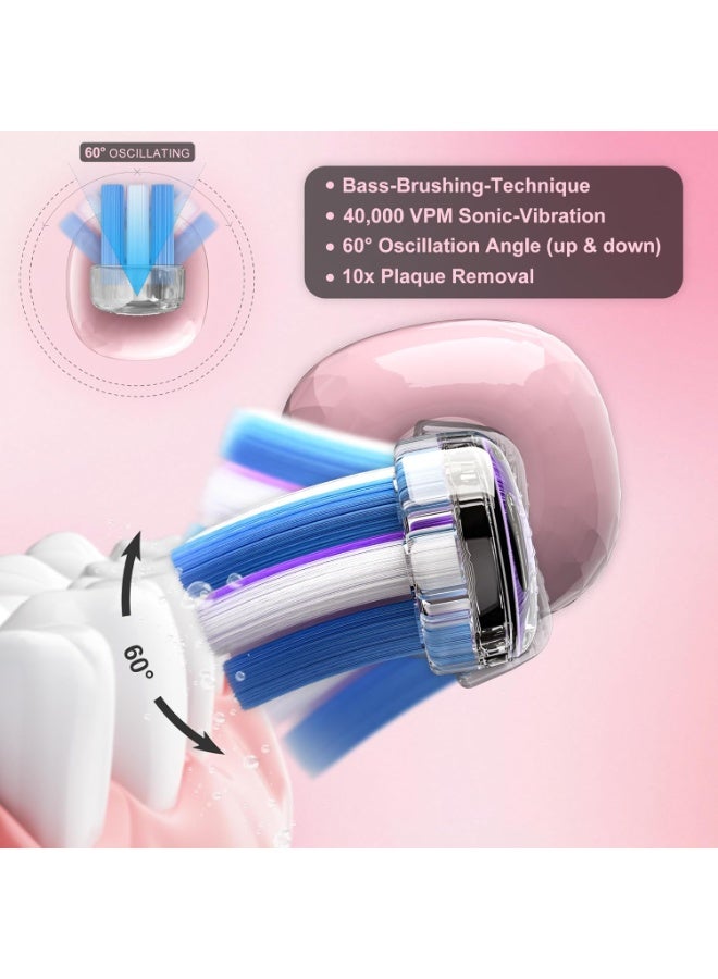 general Electric Toothbrush Wave Oscillation & Vibration Sonic Tooth Brush for Adults BASS-Brushing Technique Travel Rechargeable Toothbrushes 4 Soft Bristle Replace Heads IPX7 Gifts for Men Women Pink - Image 2