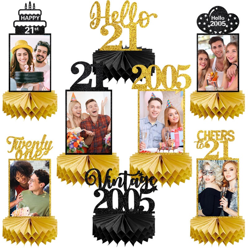 Eucutur 8Pcs 21st Birthday Decorations Honeycomb Centerpieces for Him Her, Black Gold Vintage 2005 21st Bday Photo Table Centerpieces Party Supplies, Glitter Cheers to 21 Year Old Bday Table Topper - Image 1