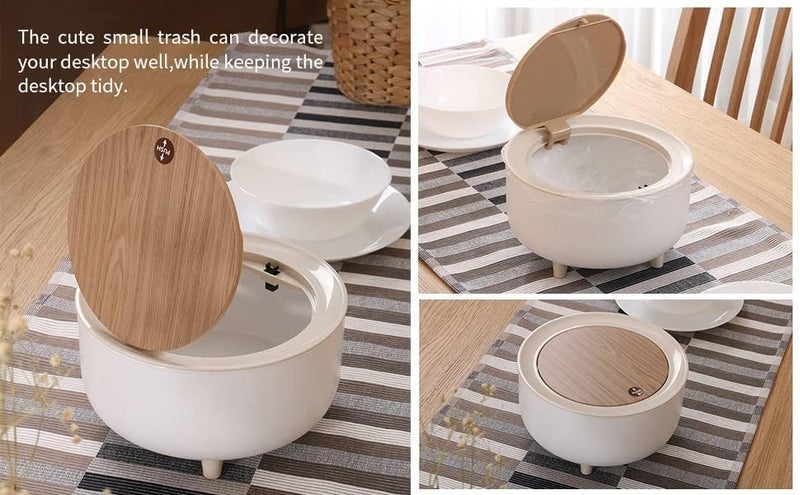 LASALE Mini Trash Can with Press Top Lid Compact Wastebasket for Bathroom Vanity Desktop Tabletop Coffee Table or Countertop Round Press Wood GrainROUND DUSTBIN - Image 5