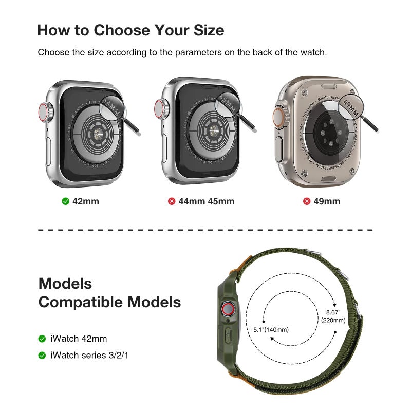 SUNFWR Bands Compatible with Apple Watch 42mm with Case,Rugged Velcro Nylon Sport Apple Watch Strap with Protective Cover for iwatch Series 3/2/1 for Men (Army green, 42mm) - Image 2