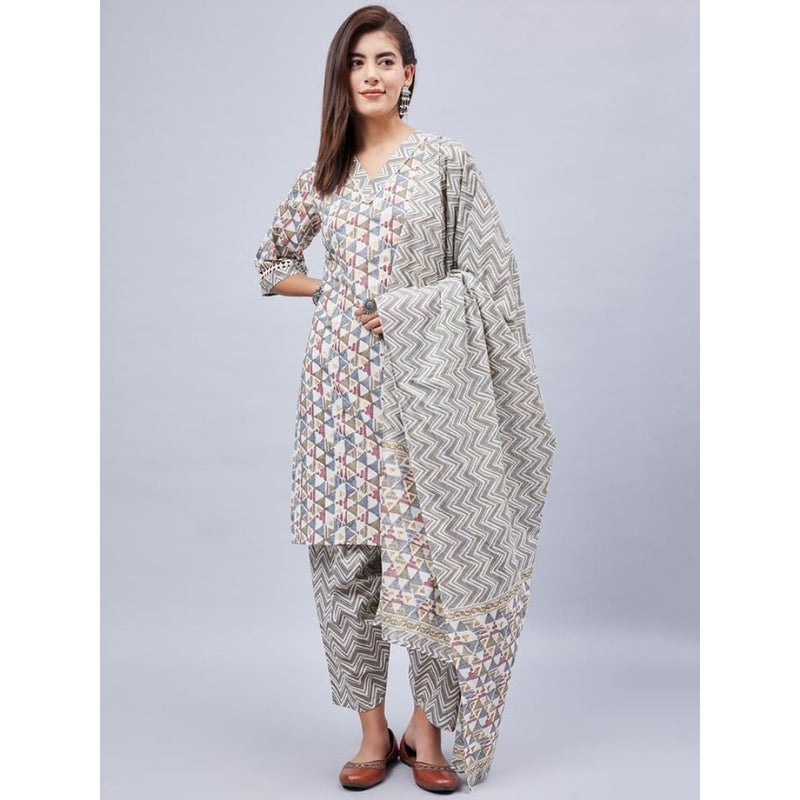 WineRed Cotton Printed Kurta Pant Dupatta Set - Image 3
