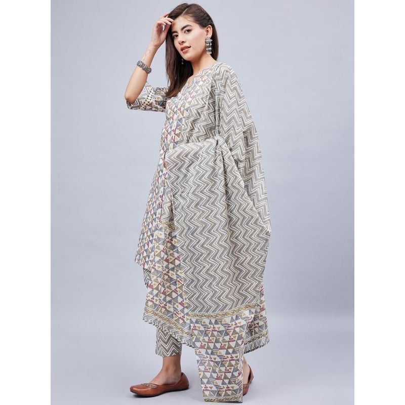 WineRed Cotton Printed Kurta Pant Dupatta Set - Image 4