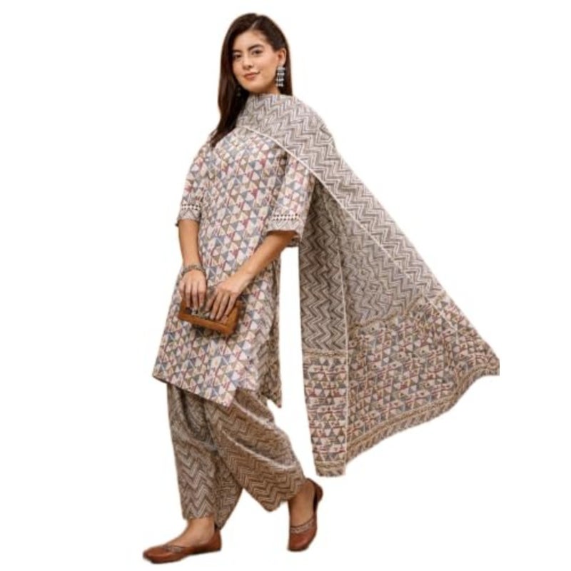 WineRed Cotton Printed Kurta Pant Dupatta Set - Image 1