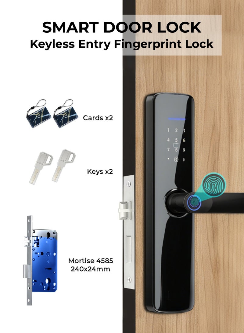 Smart Door Lock with Saudi Standard Mortise 4585, Keyless Entry Fingerprint Lock with Handle/Code/RFID/Key Entry, Aluminum Alloy Body  Multi-Alarm Blocks Thief Break-Ins, AA Battery Slot, Secure Deadbolt for Home/Apartment/Office (2 Keys, 2 Cards) - Image 1