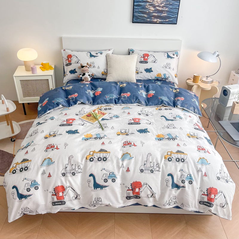 DJY Dinosaur Kids Duvet Cover Set Twin, 100% Cotton Dino Truck Car Bedding Set for Boys Girls Toddler, 2 Pieces Reversible Dinosaur Comforter Cover Set (1 Duvet Cover+1 Pillowcase) - Image 1