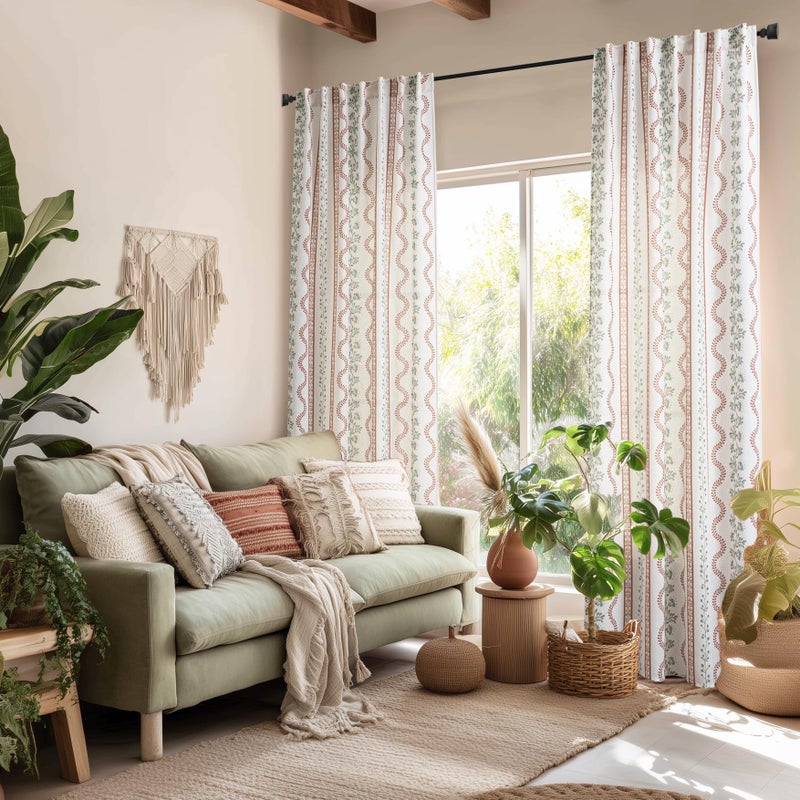 Lino Rosa Terracotta and Green Boho Floral Linen Curtains,Farmhouse Striped Sheer Bohemian Curtains for Bedroom Living Room 96 Inches Long 2 Panel Set - Image 3