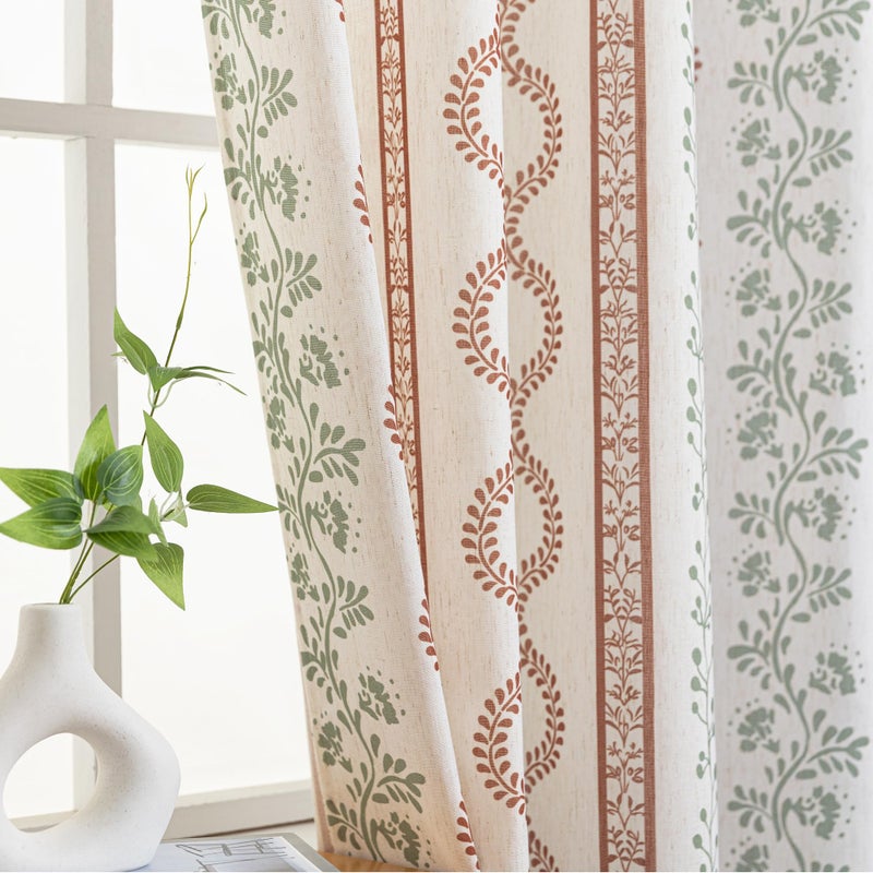 Lino Rosa Terracotta and Green Boho Floral Linen Curtains,Farmhouse Striped Sheer Bohemian Curtains for Bedroom Living Room 96 Inches Long 2 Panel Set - Image 4