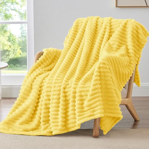 BEDELITE Fleece Throw Blanket for Couch 300GSM Soft Warm Fluffy Custard Yellow Blanket Decorative and Giftable Striped Blankets for Women Men 50x60 - Image 1