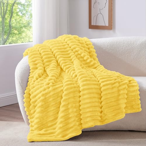 BEDELITE Fleece Throw Blanket for Couch 300GSM Soft Warm Fluffy Custard Yellow Blanket Decorative and Giftable Striped Blankets for Women Men 50x60 - Image 3