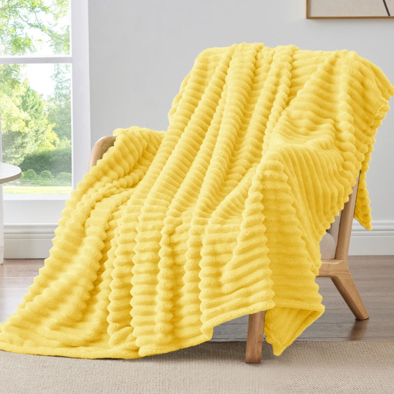 BEDELITE Fleece Throw Blanket for Couch 300GSM Soft Warm Fluffy Custard Yellow Blanket Decorative and Giftable Striped Blankets for Women Men 50x60 - Image 2