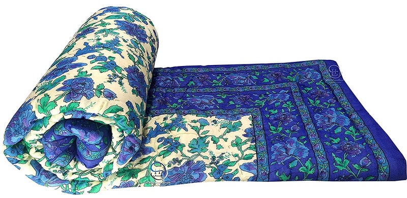 Lilfly Rajasthani Light Weight Single Bed Soft Jaipuri AC Quilt/Razai Designer Blue mughal Floral Cotton Quilts Blankets for Home (Size 55 X 85 inch) Multicolor with Base Off White TDS-11 - Image 1