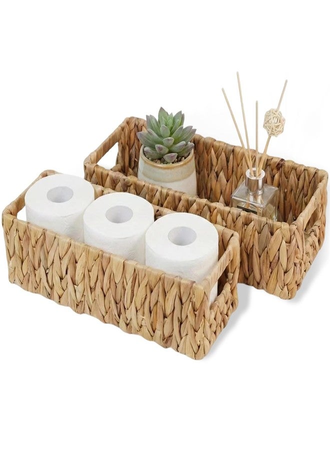 S310 Toilet Paper Storage Basket for Bathroom, Water Hyacinth Toilet Tank Baskets Organizer, Wicker Small Basket Woven Long Narrow Baskets for Back of Toilet Both Storage&Decor, Set of 2 - Image 1