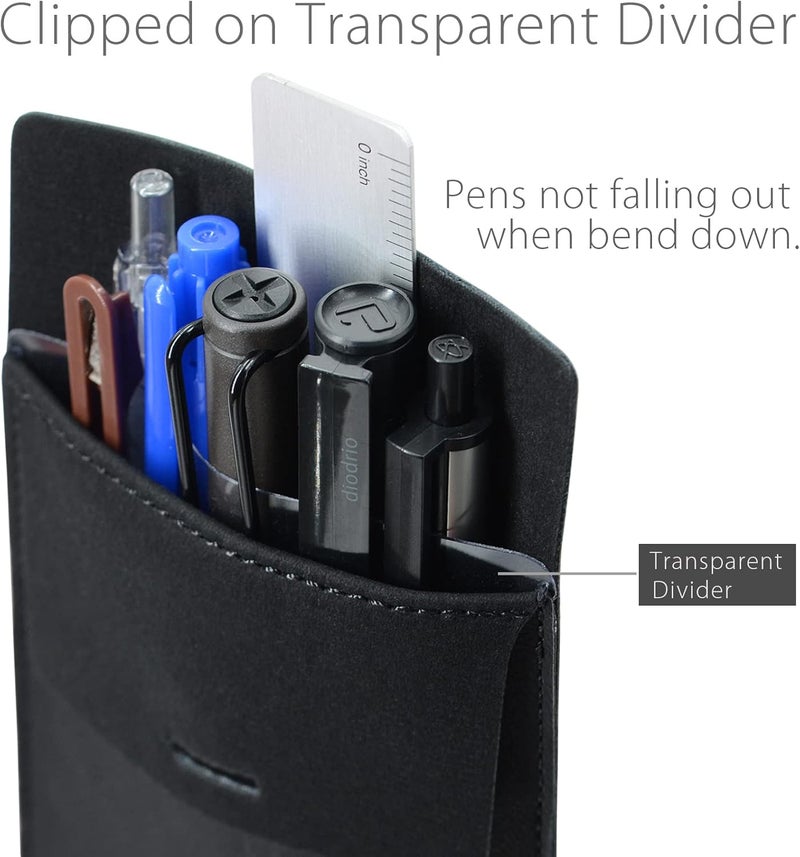 diodrio Pocket Protector, Leather Pen Pouch Holder Organizer, for Shirts Lab Coats, Hold 5 Pens, Designed to Keep Pens Inside When Bend Down. No Breaking of Pen Clip. Thick PU Leather, Black, 2 Per Pack. - Image 3