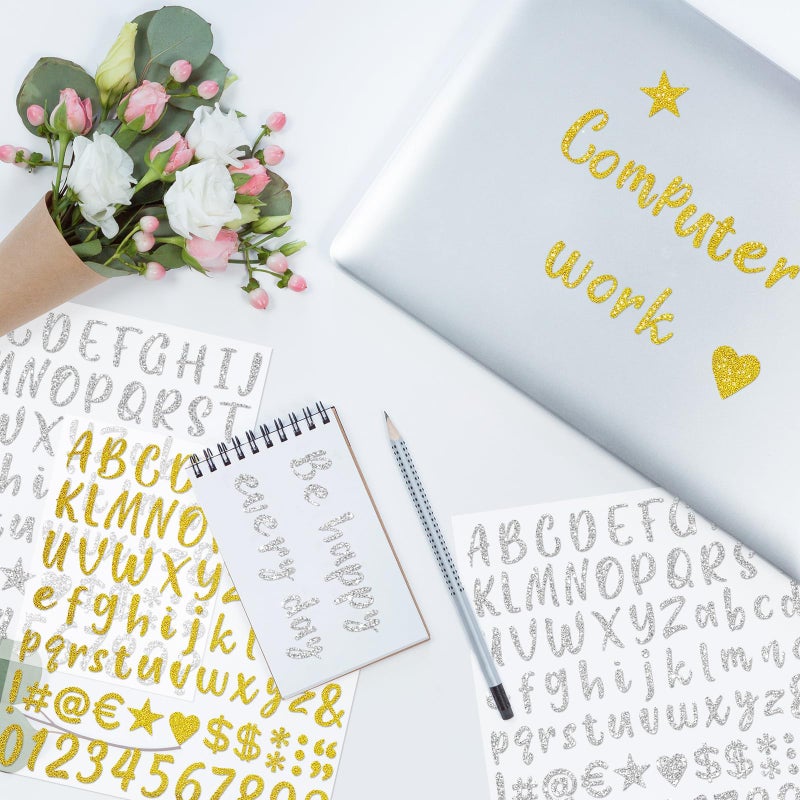 starboling 648 PCS Gold Sticker Letters,Self-Adhesive Glitter Number Stickers for Graduation Cap,Scrapbooking,Water Bottles Cup(Gold+Silver) - Image 5