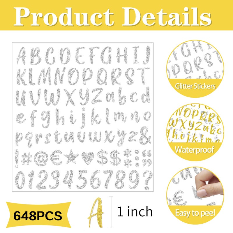 starboling 648 PCS Gold Sticker Letters,Self-Adhesive Glitter Number Stickers for Graduation Cap,Scrapbooking,Water Bottles Cup(Gold+Silver) - Image 2