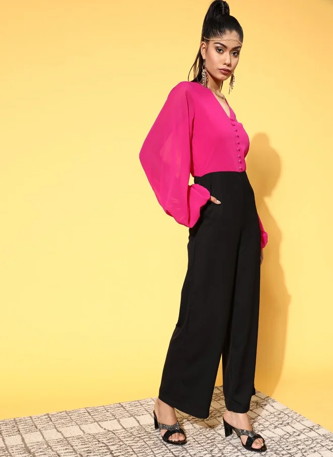 SASSAFRAS Fuchsia Colourblocked Jumpsuit for Women