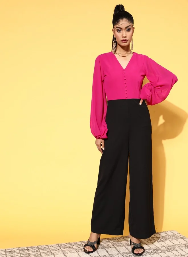 SASSAFRAS Fuchsia Colourblocked Jumpsuit for Women