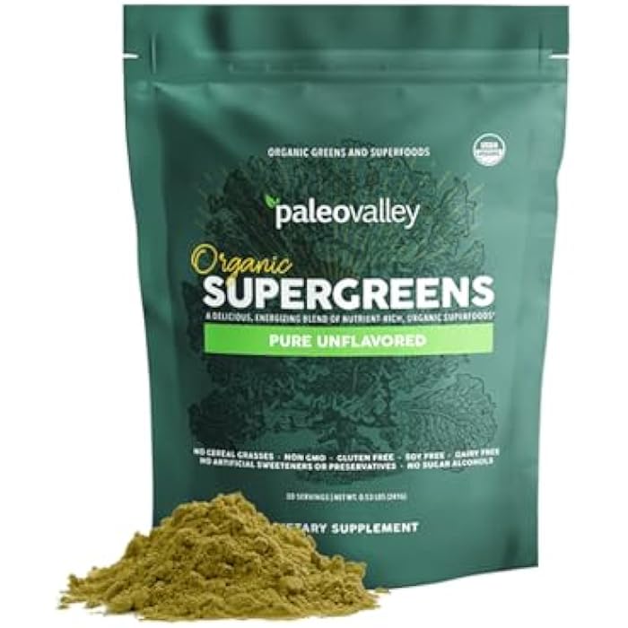 Paleovalley Organic Supergreens Powder - 23 Superfoods with Prebiotic Fiber for Energy and Immunity Support - No Cereal Grasses for Maximum Absorption - Pure Unflavored, 30 Servings - Image 1
